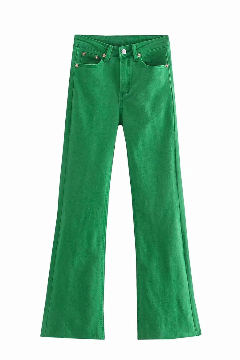 Xs-L Spring Three Colors Solid Color Micro-Elastic High Waist Pockets Button Zip-Up Stylish High Quality Flare Jeans