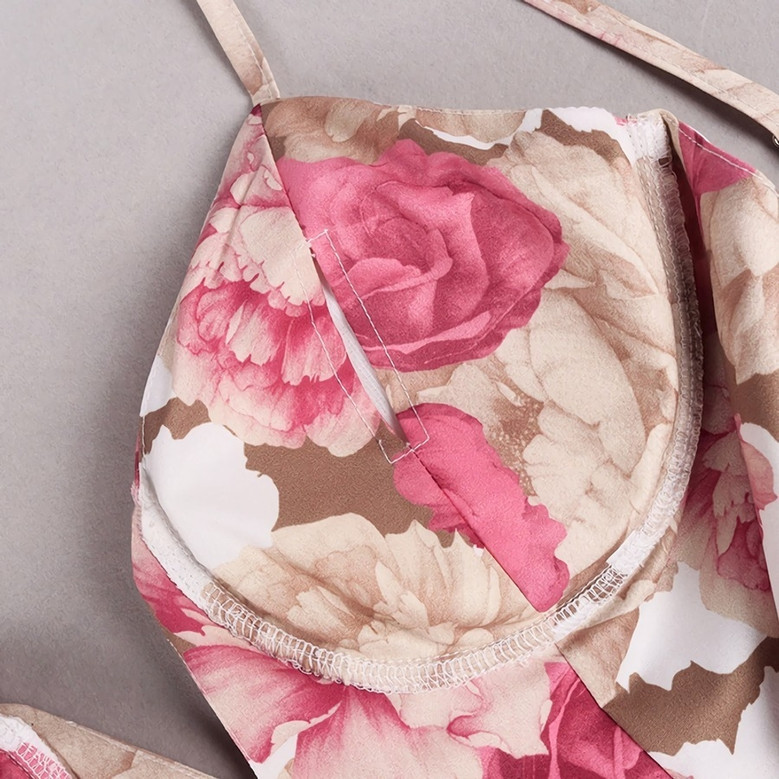 Xs-L Summer Flower Batch Printing Inelastic Padded Underwire Adjustable Straps Zip-Up Back Stylish Pastoral Style Midi Dress