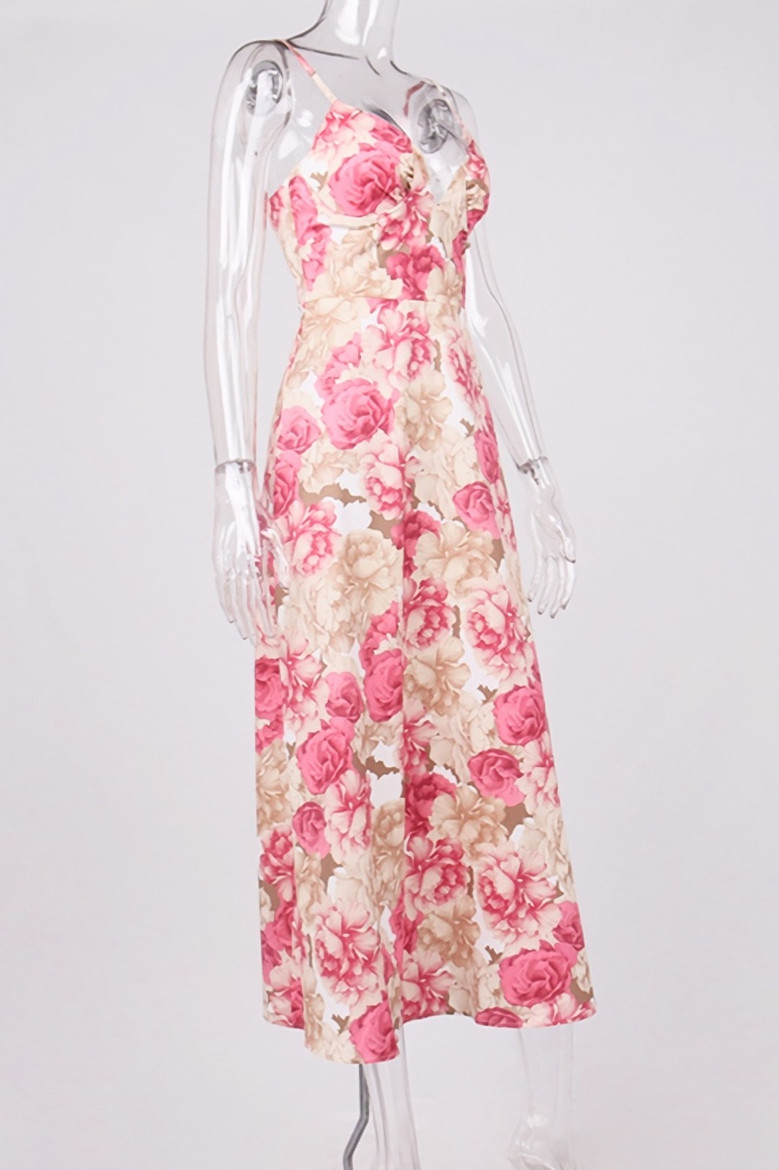 Xs-L Summer Flower Batch Printing Inelastic Padded Underwire Adjustable Straps Zip-Up Back Stylish Pastoral Style Midi Dress