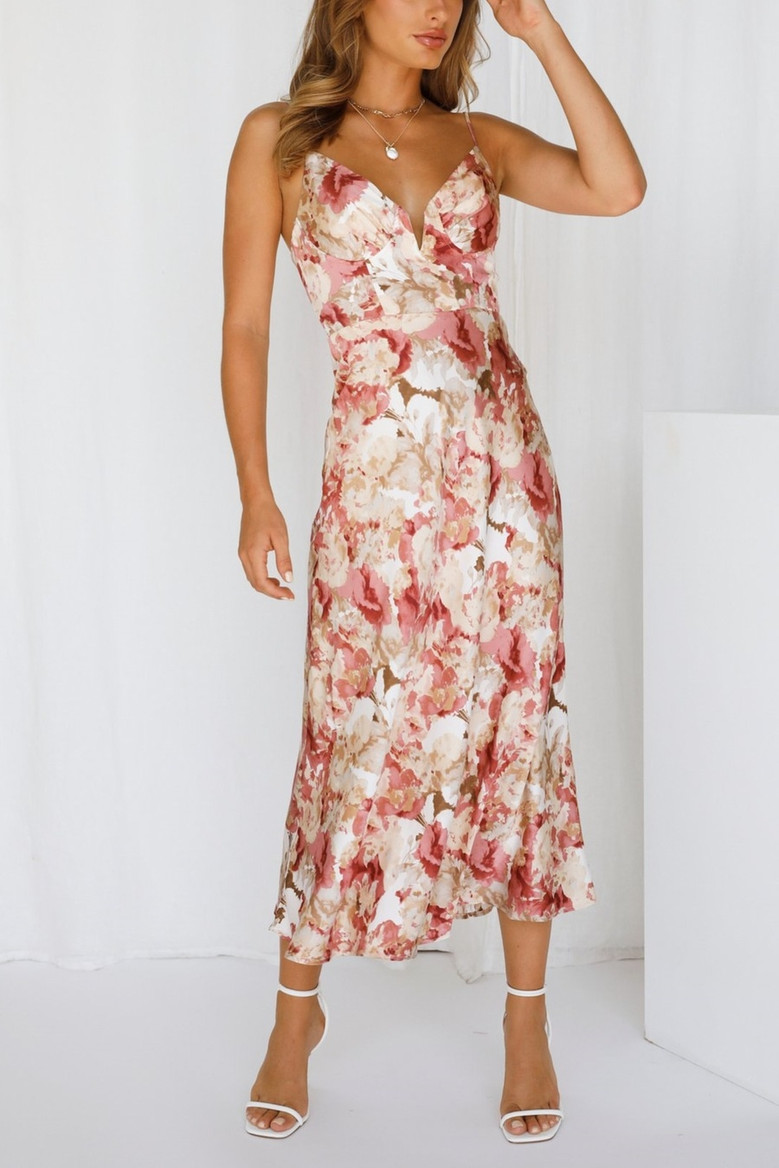 Xs-L Summer Flower Batch Printing Inelastic Padded Underwire Adjustable Straps Zip-Up Back Stylish Pastoral Style Midi Dress