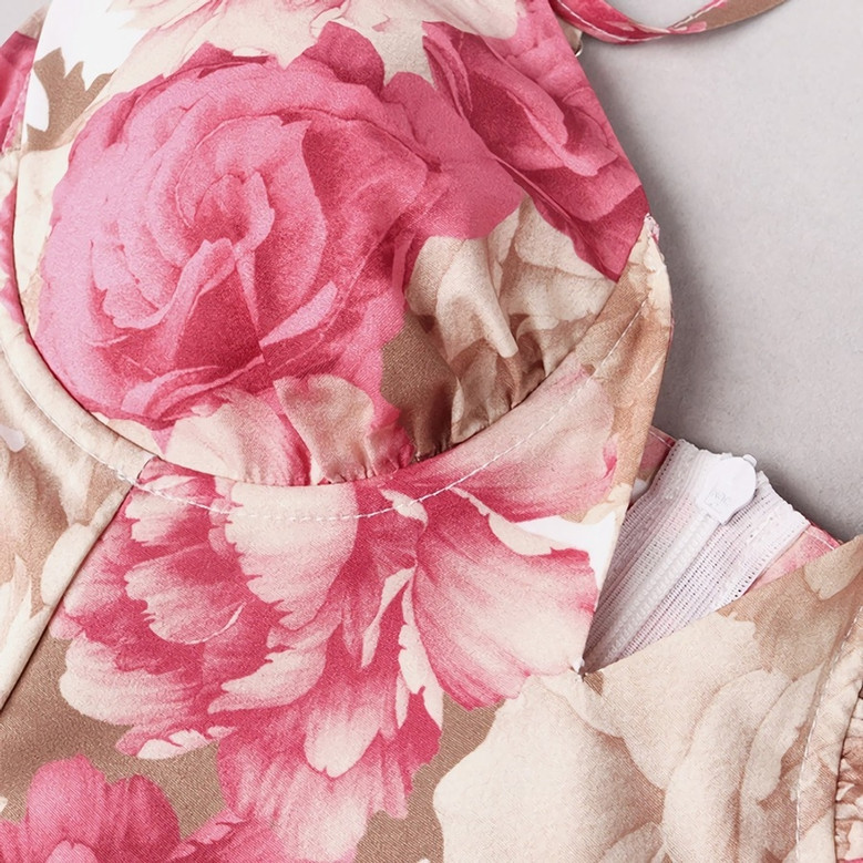 Xs-L Summer Flower Batch Printing Inelastic Padded Underwire Adjustable Straps Zip-Up Back Stylish Pastoral Style Midi Dress