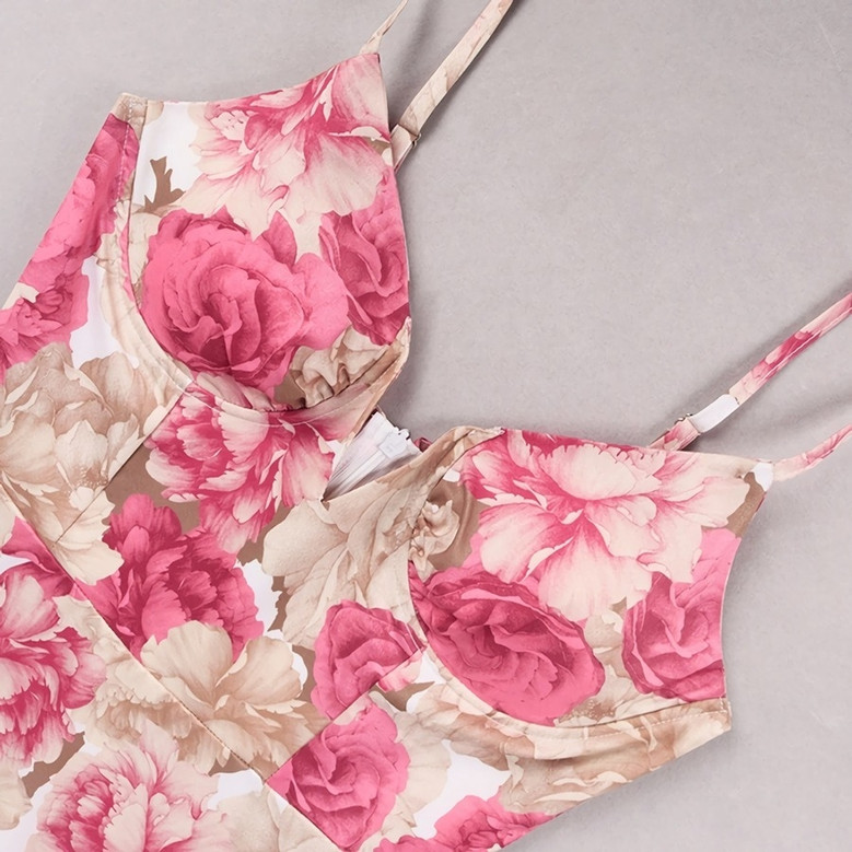 Xs-L Summer Flower Batch Printing Inelastic Padded Underwire Adjustable Straps Zip-Up Back Stylish Pastoral Style Midi Dress