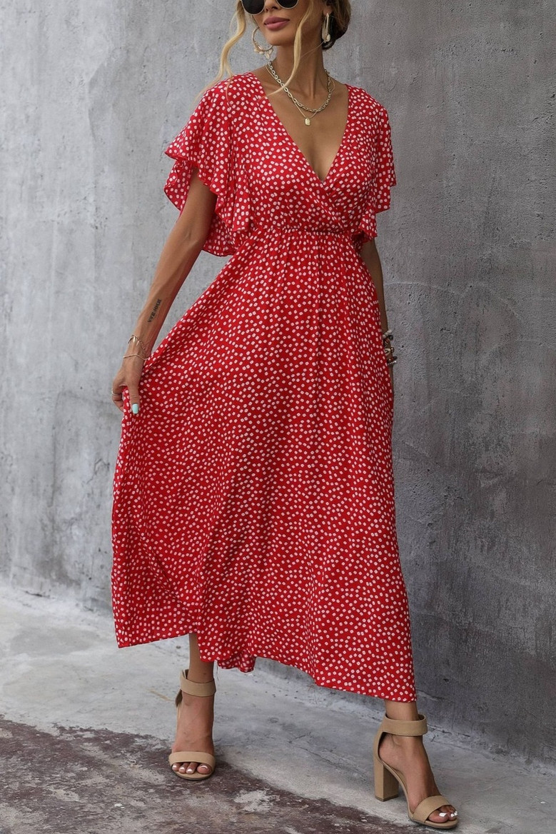 Xs-L Summer New 4 Colors Floral Batch Printing Micro Elastic V-Neck Casual Maxi Dress