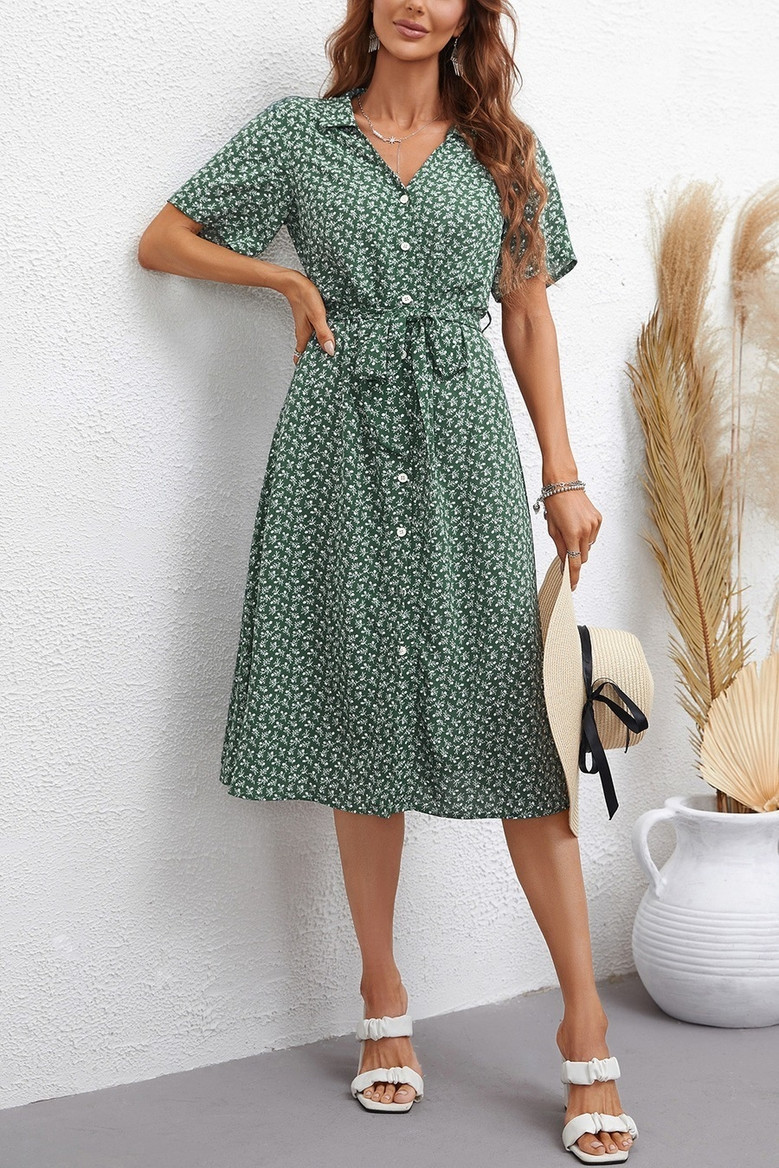 Xs-L Summer New Floral Batch Printing Inelastic Short Sleeves Single-Breasted With Belt Casual Midi Dress