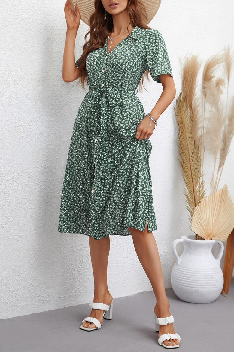 Xs-L Summer New Floral Batch Printing Inelastic Short Sleeves Single-Breasted With Belt Casual Midi Dress