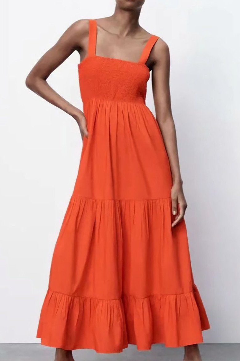 Xs-L Summer New Stylish Five Colors Square Neck Sling Inelastic Casual Maxi Dress