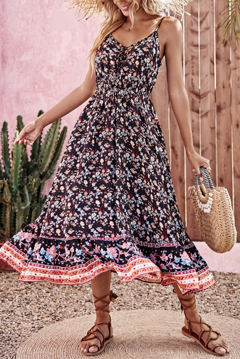 Xs-L Summer New Stylish Floral Batch Printing Inelastic Sling Backless Casual Midi Dress