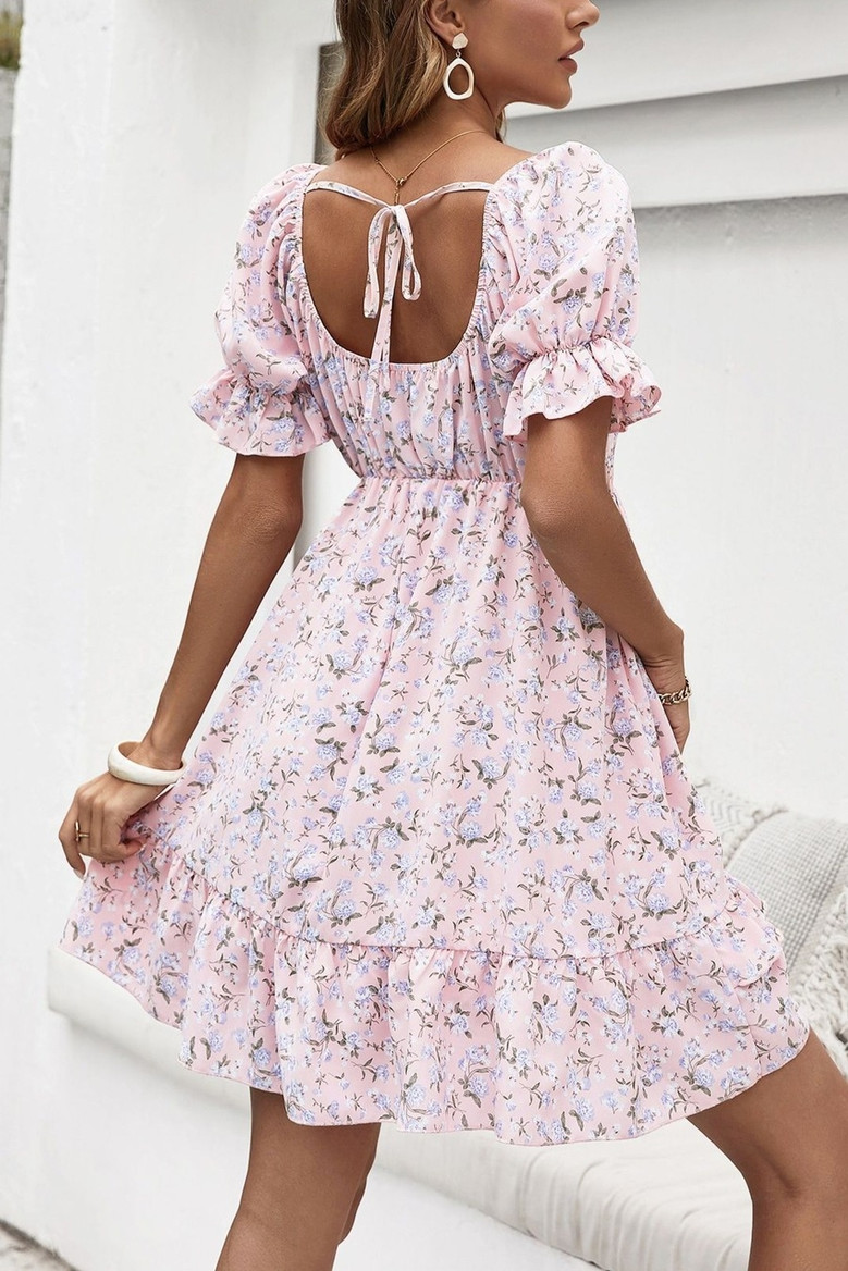 Xs-L Summer New Stylish Floral Batch Printing Micro Elastic Ruffle Square Neckline Lace-Up Loose Casual Mini Dress