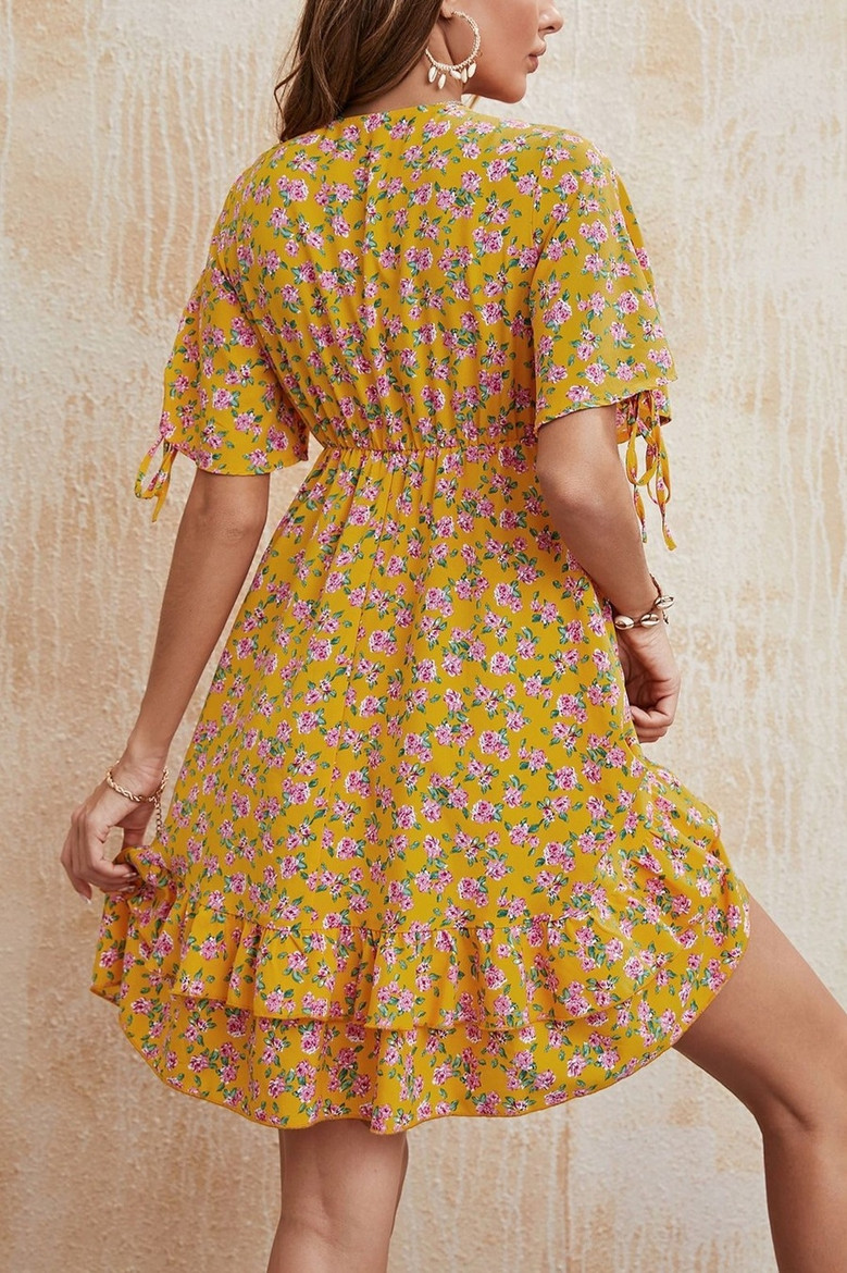 Xs-L Summer New Stylish Floral Batch Printing Micro Elastic V-Neck Lace-Up Ruffle Casual Mini Dress