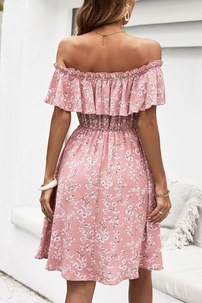Xs-L Summer New Stylish Floral Batch Printing Stretch Off-The-Shoulder Ruffle Casual Mini Dress