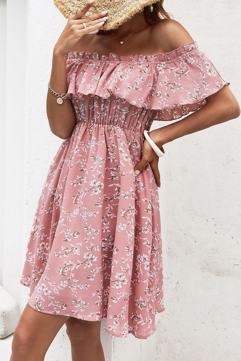 Xs-L Summer New Stylish Floral Batch Printing Stretch Off-The-Shoulder Ruffle Casual Mini Dress