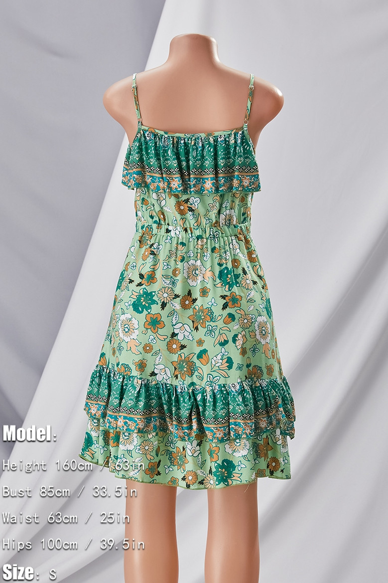 Xs-L Summer New Stylish Floral Printing Stretch Ruffle Sling Backless Casual Mini Dress