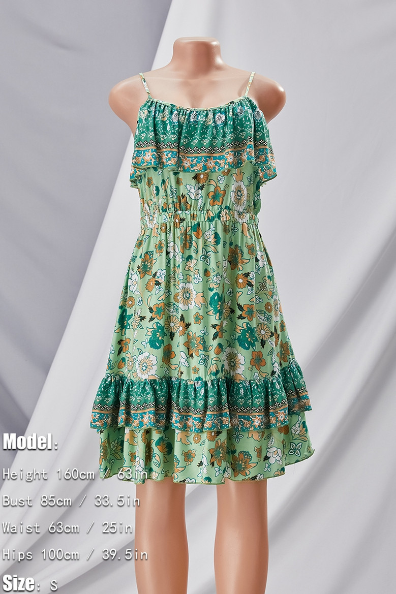 Xs-L Summer New Stylish Floral Printing Stretch Ruffle Sling Backless Casual Mini Dress