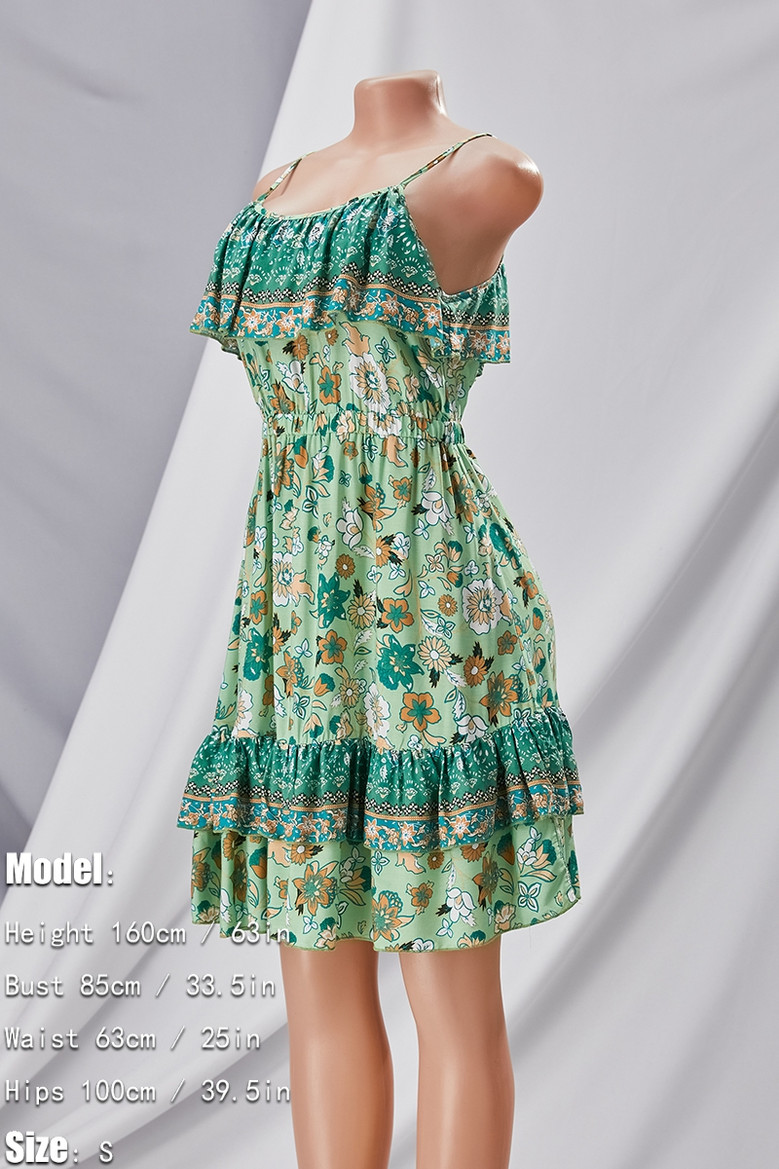 Xs-L Summer New Stylish Floral Printing Stretch Ruffle Sling Backless Casual Mini Dress
