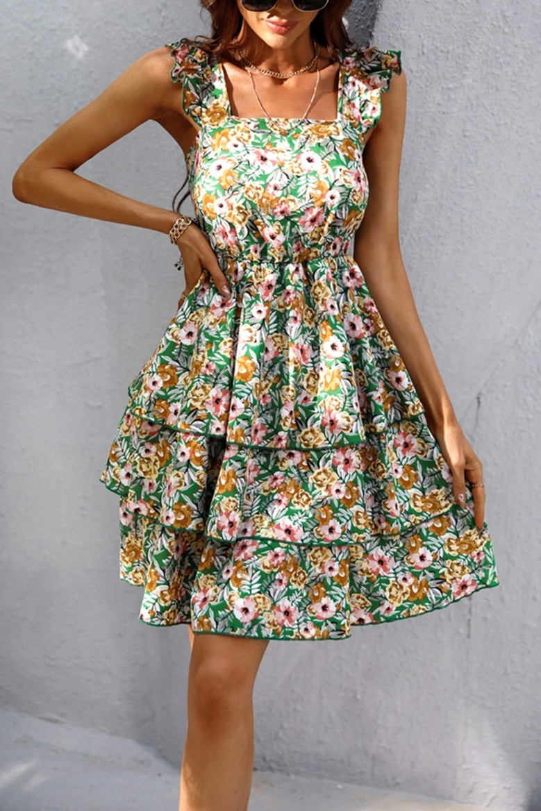 Xs-L Summer New Stylish Flower Batch Printing Micro Elastic Ruffle Sling Backless Lace-Up Casual Mini Dress