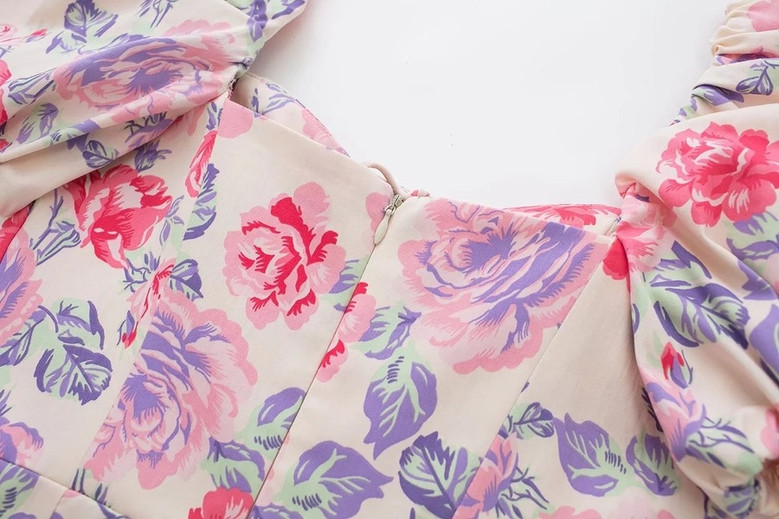 Xs-L Summer New Stylish Flower Batch Printing Puff Sleeve Inelastic Slim Zip-Up Hollow Lace-Up Sexy Mini Dress