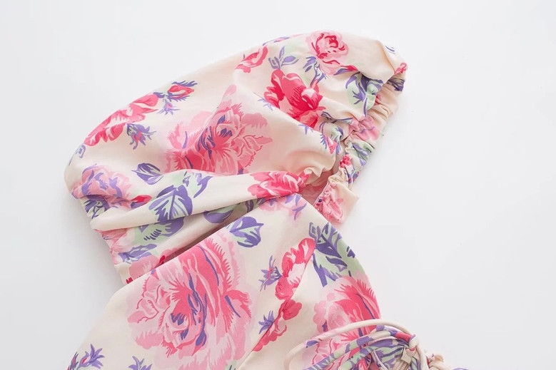 Xs-L Summer New Stylish Flower Batch Printing Puff Sleeve Inelastic Slim Zip-Up Hollow Lace-Up Sexy Mini Dress