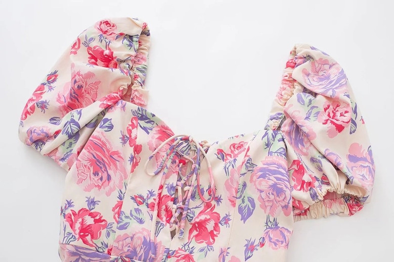 Xs-L Summer New Stylish Flower Batch Printing Puff Sleeve Inelastic Slim Zip-Up Hollow Lace-Up Sexy Mini Dress