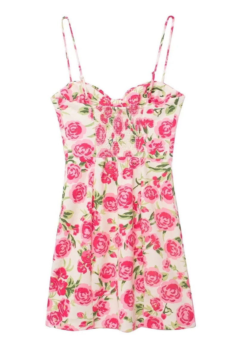 Xs-L Summer New Stylish Flower Batch Printing Sling Backless Zip-Up Inelastic Slim Sexy Mini Dress