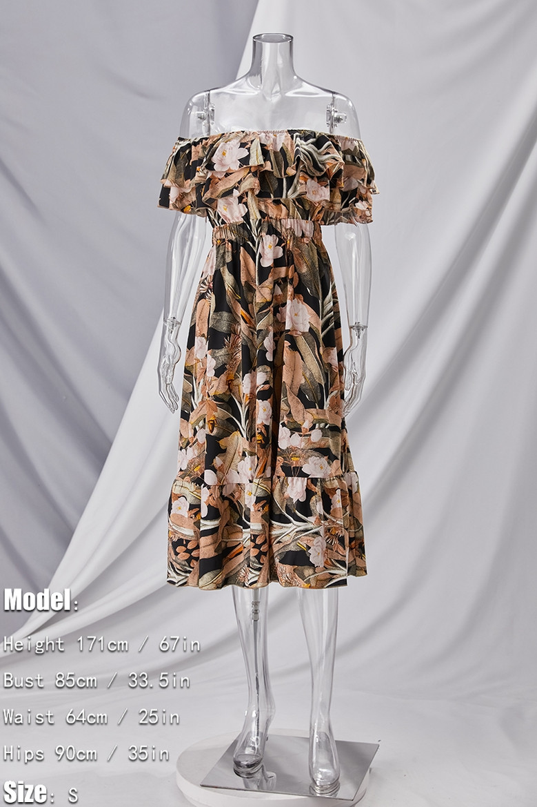 Xs-L Summer New Stylish Flower & Leaf Batch Printing Inelastic Off-The-Shoulder Ruffle Casual Midi Dress
