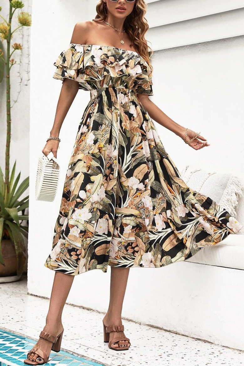Xs-L Summer New Stylish Flower & Leaf Batch Printing Inelastic Off-The-Shoulder Ruffle Casual Midi Dress