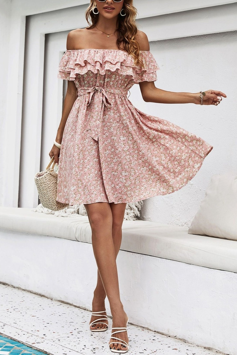 Xs-L Summer New Stylish Inelastic Floral Batch Printing Off-The-Shoulder Ruffle Casual Mini Dress With Belt