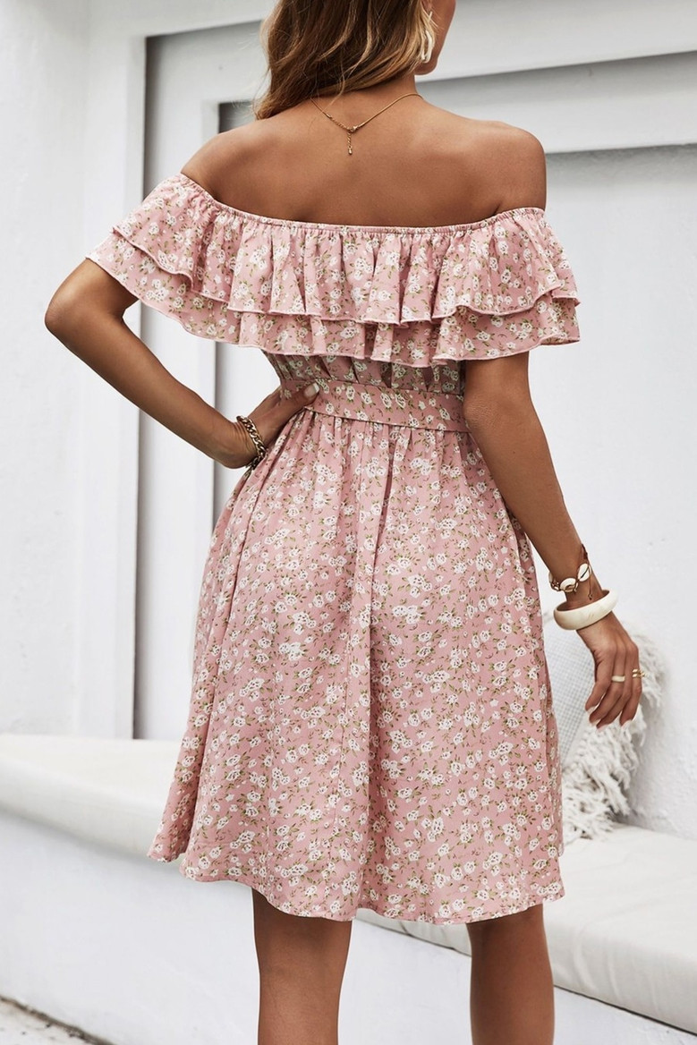 Xs-L Summer New Stylish Inelastic Floral Batch Printing Off-The-Shoulder Ruffle Casual Mini Dress With Belt