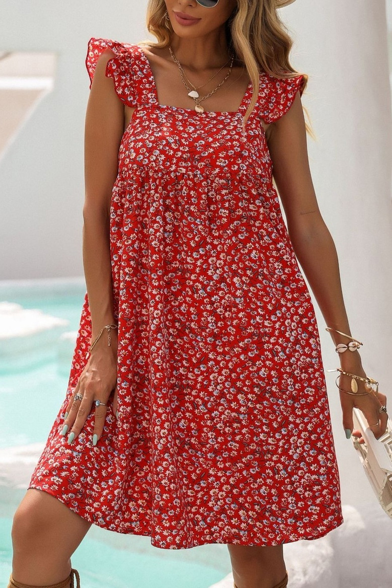 Xs-L Summer New Stylish Inelastic Floral Batch Printing Ruffle Sling Backless Loose Casual Mini Dress