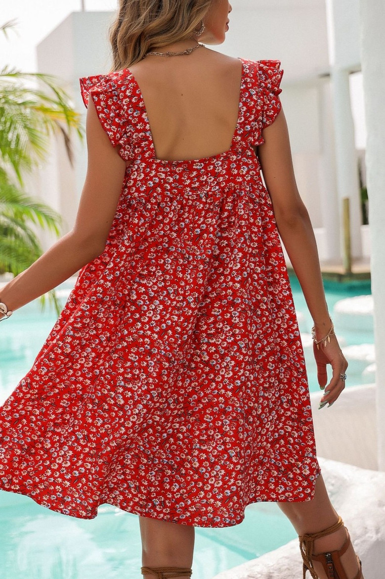 Xs-L Summer New Stylish Inelastic Floral Batch Printing Ruffle Sling Backless Loose Casual Mini Dress