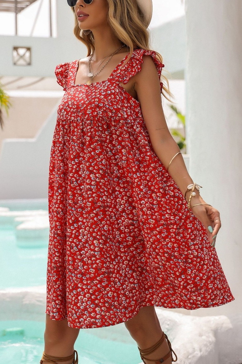 Xs-L Summer New Stylish Inelastic Floral Batch Printing Ruffle Sling Backless Loose Casual Mini Dress