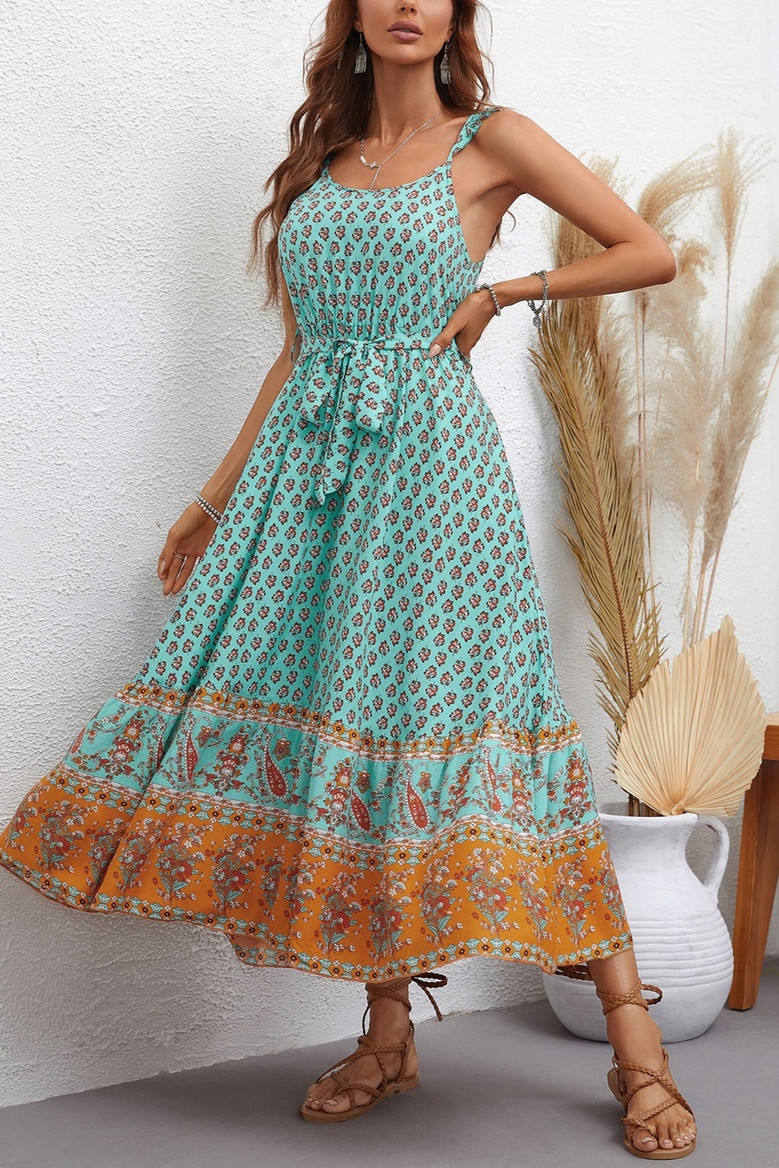 Xs-L Summer New Stylish Inelastic Floral Batch Printing Sleeveless Sling Backless With Belt Casual Midi Dress