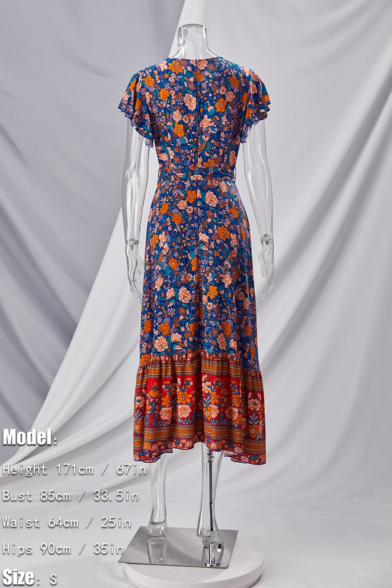 Xs-L Summer New Stylish Inelastic Flower & Leaf Batch Printing V-Neck Casual Midi Dress With Belt