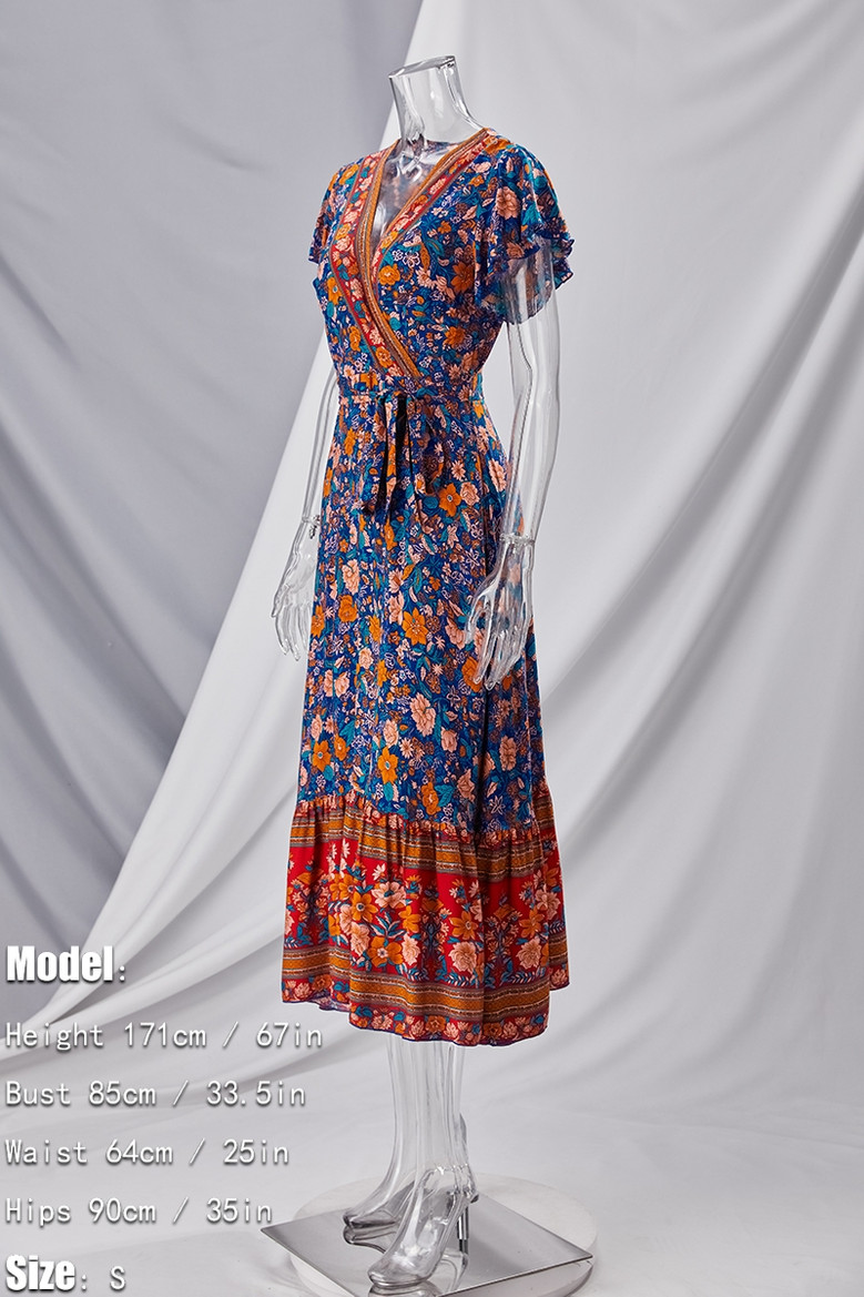 Xs-L Summer New Stylish Inelastic Flower & Leaf Batch Printing V-Neck Casual Midi Dress With Belt
