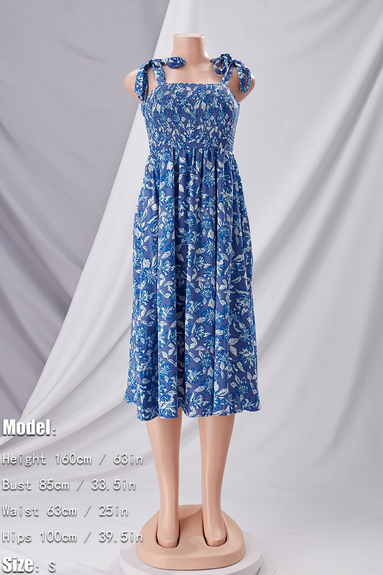 Xs-L Summer New Stylish Stretch Flower Batch Printing Sling Backless Lace-Up Casual Midi Dress