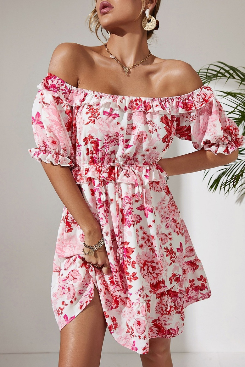 Xs-L Summer New Stylish Stretch Flower Printing Off-The-Shoulder Ruffle Lace-Up Casual Mini Dress Dresses