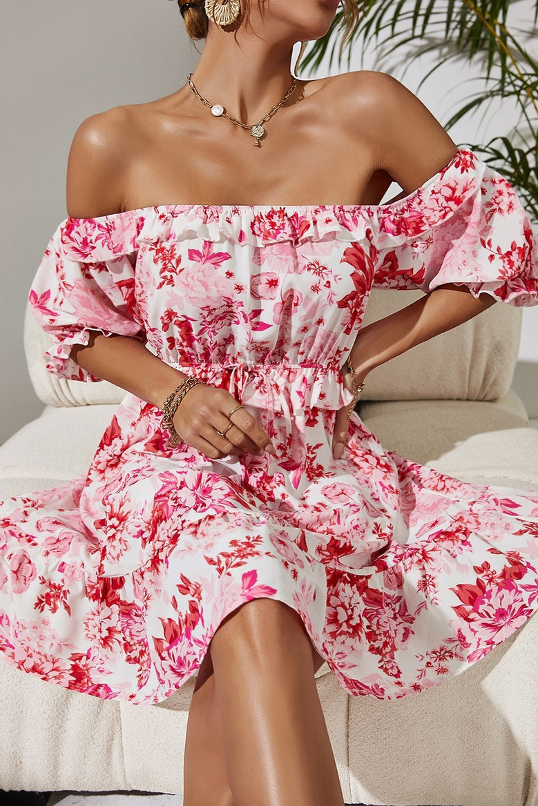 Xs-L Summer New Stylish Stretch Flower Printing Off-The-Shoulder Ruffle Lace-Up Casual Mini Dress Dresses