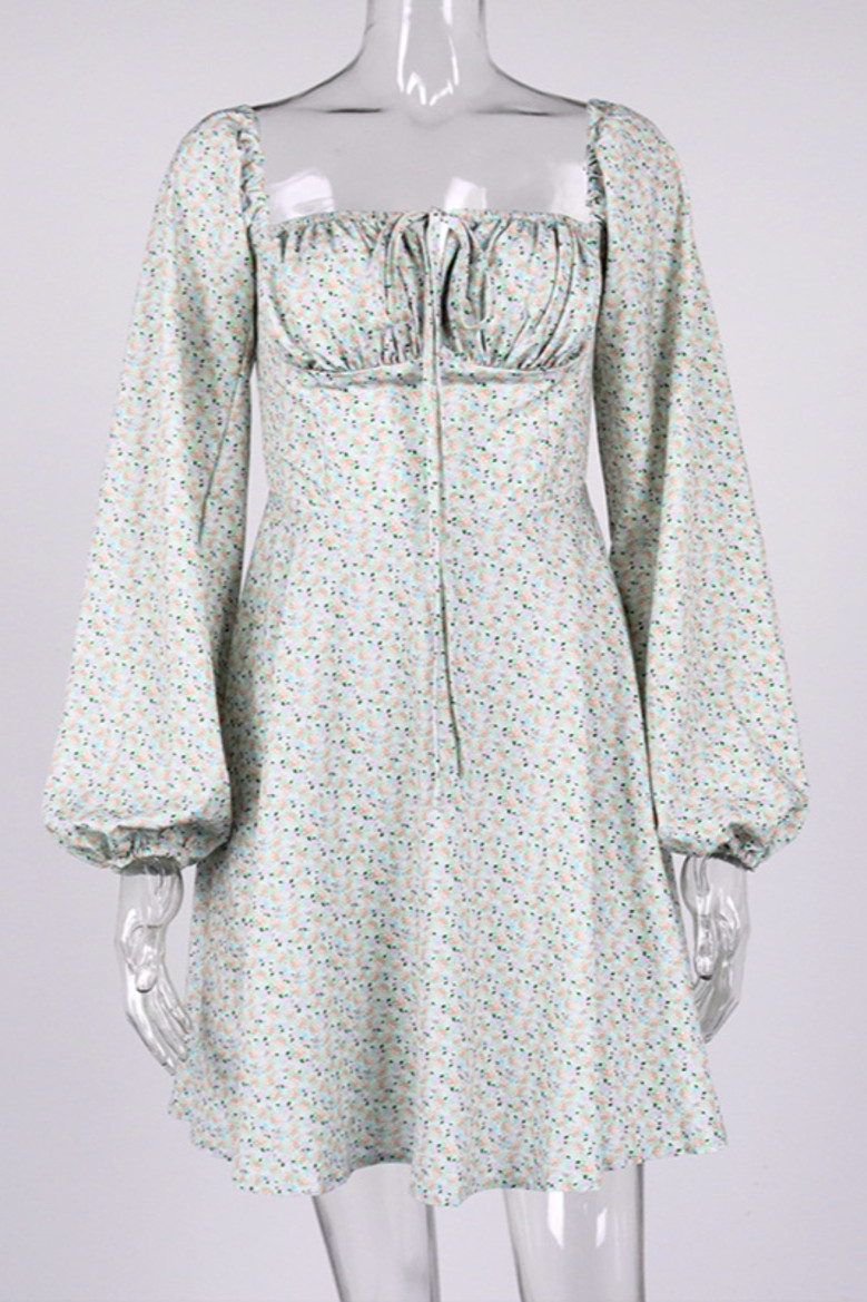 Xs-L Two Colors Floral Printing Inelastic Square-Neck Lace-Up Zip-Up Back Sweet Rural Mini Dress