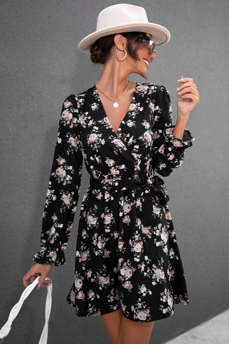 Xs-Xl Spring New Stylish Batch Printing Inelastic With Belt V-Neck Casual Mini Dress