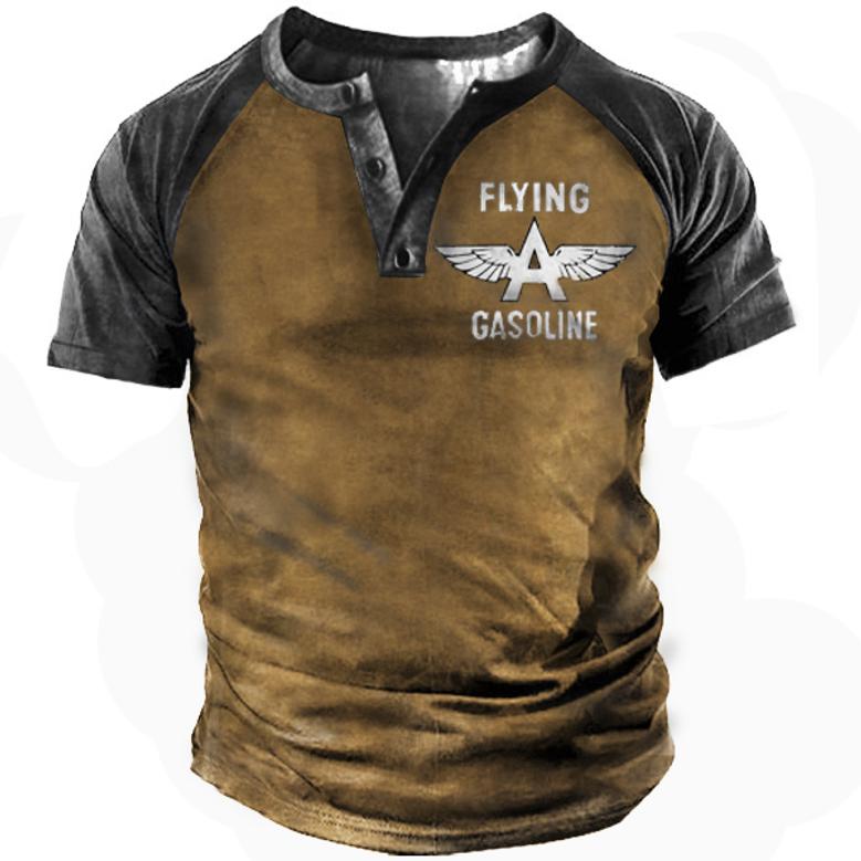 Vintage Gasoline Print Men's Henley Tactical Short Sleeve T-Shirt