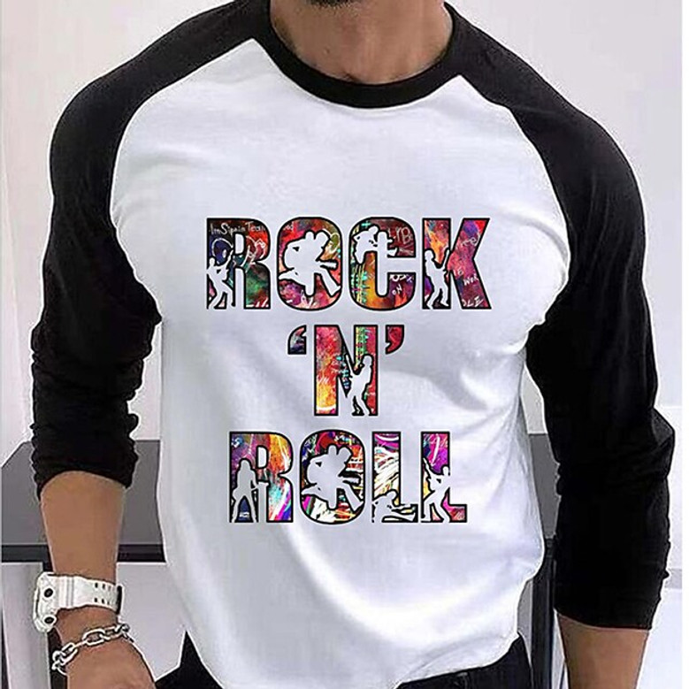 Men's T Shirt Tee Rock N Roll Graphic Letter Crew Neck Street Daily Patchwork Print Long Sleeve Tops Designer Casual Fashion Comfortable White