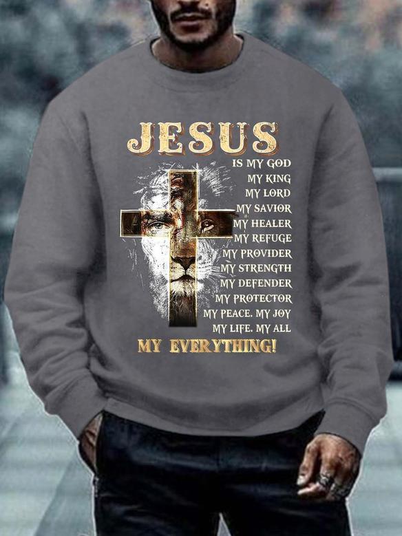 Men Jesus My Everything Lion Cross Letters Regular Fit Sweatshirt