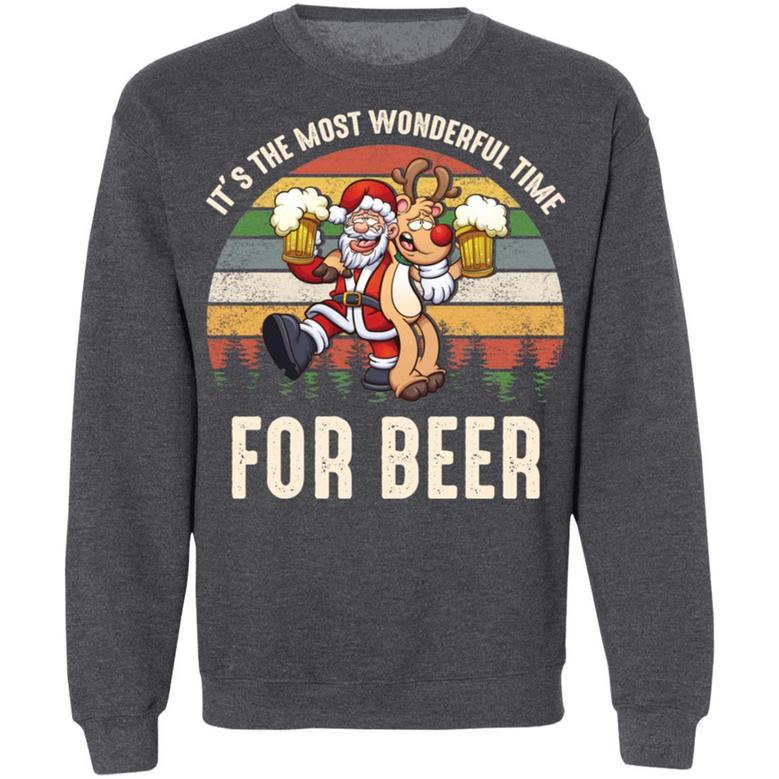 Funny Xmas Santa And Red Nose Reindeer It’S The Most Wonderful Time For A Beer Ugly Christmas Vintage Graphic Design Printed Casual Daily Basic Sweatshirt