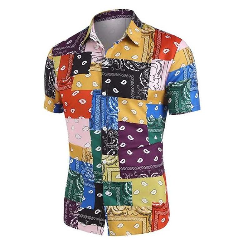 Men's Shirt 3d Print Color Block Turndown Street Casual Button-down Print Short Sleeves Tops Designer Casual Vintage Retro Rainbow / Summer