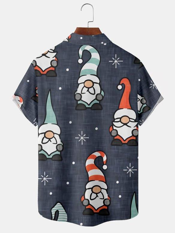 Casual Style Holiday Series Retro Christmas Gnome Element Pattern Lapel Short-sleeved Shirt Print Top Christmas Gift