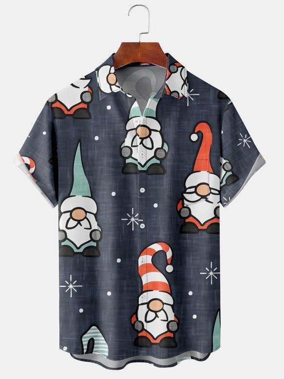 Casual Style Holiday Series Retro Christmas Gnome Element Pattern Lapel Short-sleeved Shirt Print Top Christmas Gift