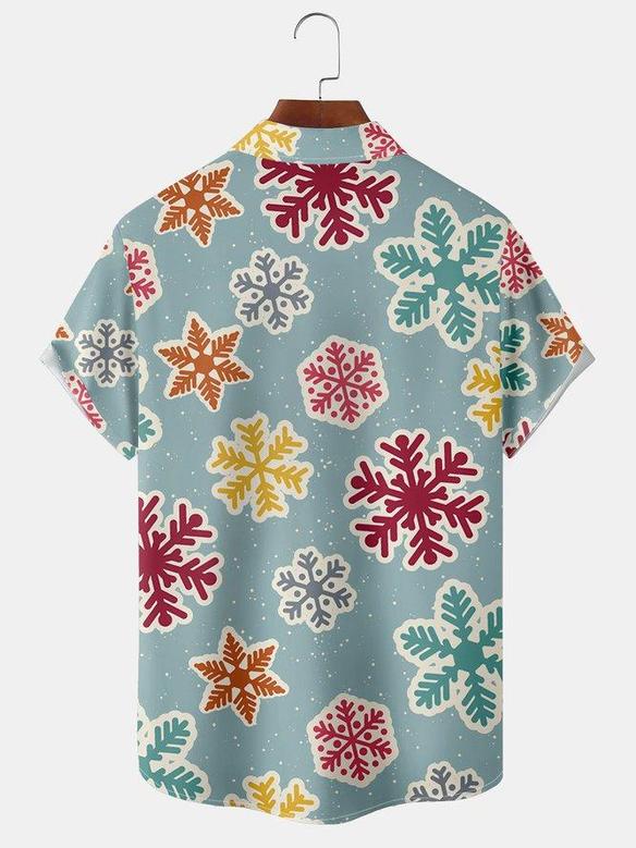 Casual Style Holiday Series Retro Christmas Snowflake Element Pattern Lapel Short-sleeved Shirt Print Top Christmas Gift