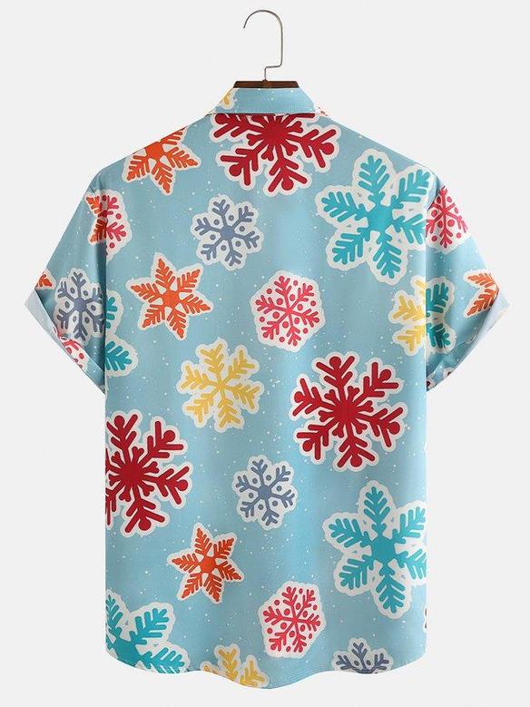 Casual Style Holiday Series Retro Christmas Snowflake Element Pattern Lapel Short-sleeved Shirt Print Top Christmas Gift