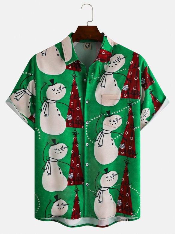 Casual Style Holiday Series Retro Christmas Snowman And Christmas Tree Elements Pattern Short-sleeved Shirt Print Top Christmas Gift