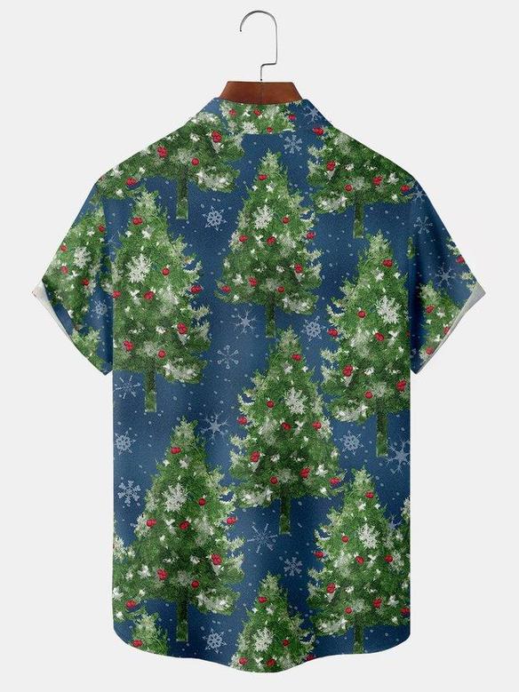 Casual Style Holiday Series Retro Christmas Tree Element Pattern Lapel Short-sleeved Shirt Print Top Christmas Gift
