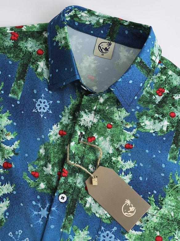 Casual Style Holiday Series Retro Christmas Tree Element Pattern Lapel Short-sleeved Shirt Print Top Christmas Gift
